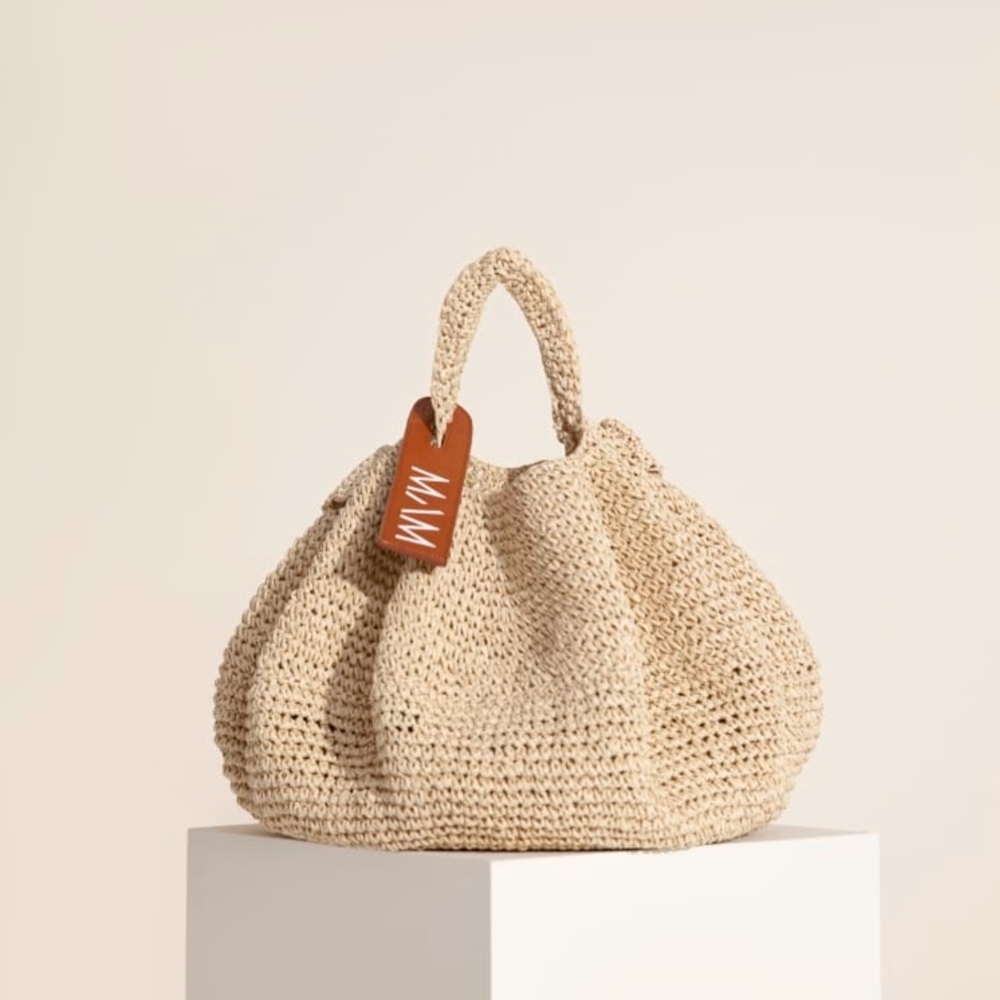 MAM UFO Tan Woven Raffia Tote with 2 Sets Of Dual Handles